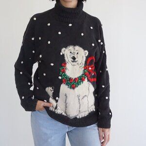 Vintage Marisa Christina Black Polar Bear Snow Dot Holiday Knit Sweater Winter M